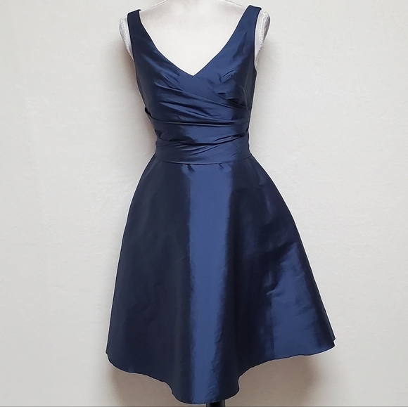 Alfred Sung Midnight Peau De Soie Pleated Side Pocket V-neck Wrap Cocktail Dress - Picture 4 of 16